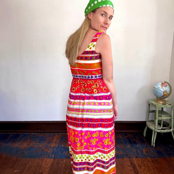 Vintage 60s 70s Psychedelic Hippie Floral Maxi Sleeveless Dress / Small - Picture 6 of 9